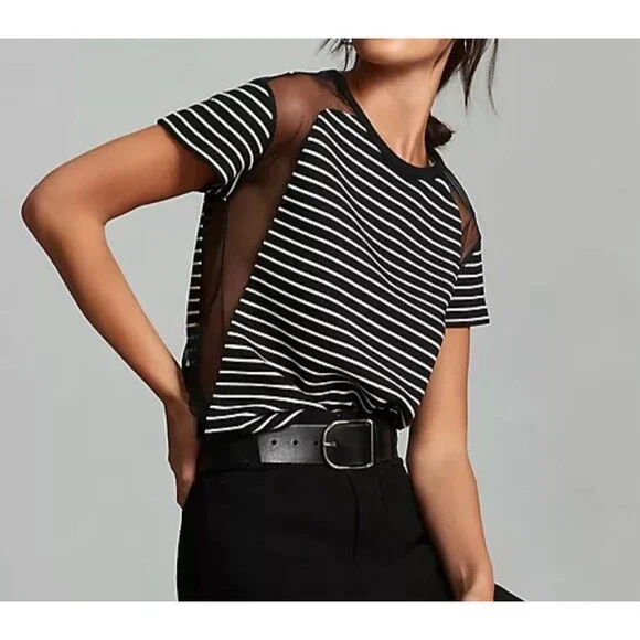 MAEVE By Anthropologie Black/White Striped Tulle-Mesh Inlay Tee Shirt Top Medium - Picture 2 of 7
